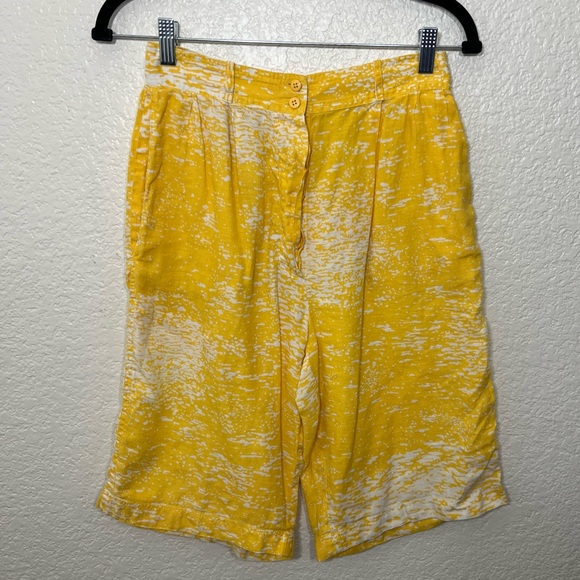 Valentino Pants - Vintage 80’s Valentino Swimwear Cotton Linen Yellow White Bermuda Shorts Size 12
